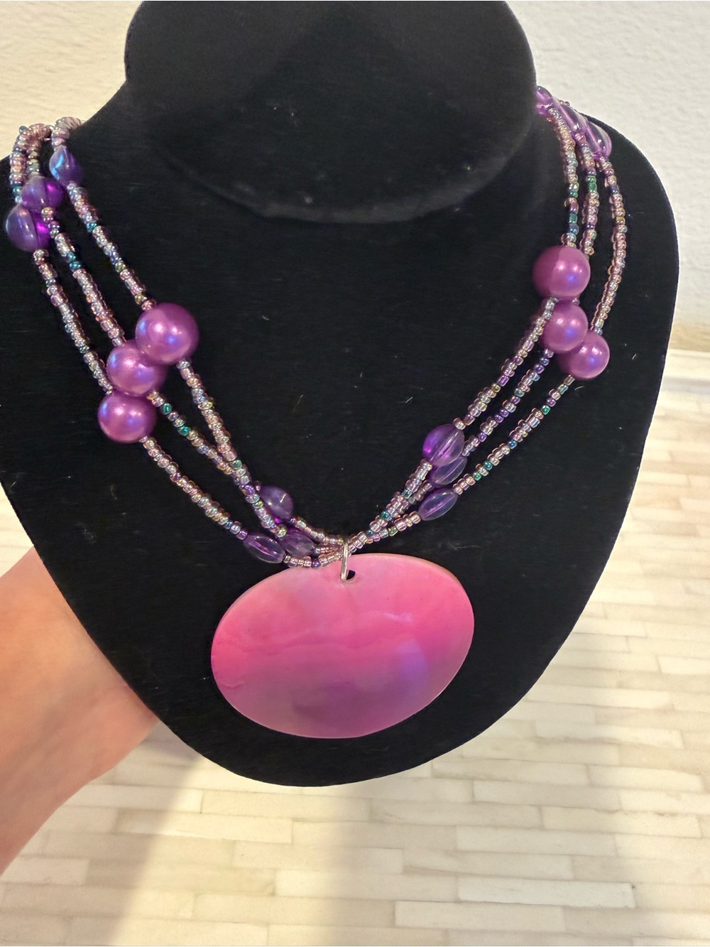 Purple & Pink Multi-Strand Beaded Pendant Necklace